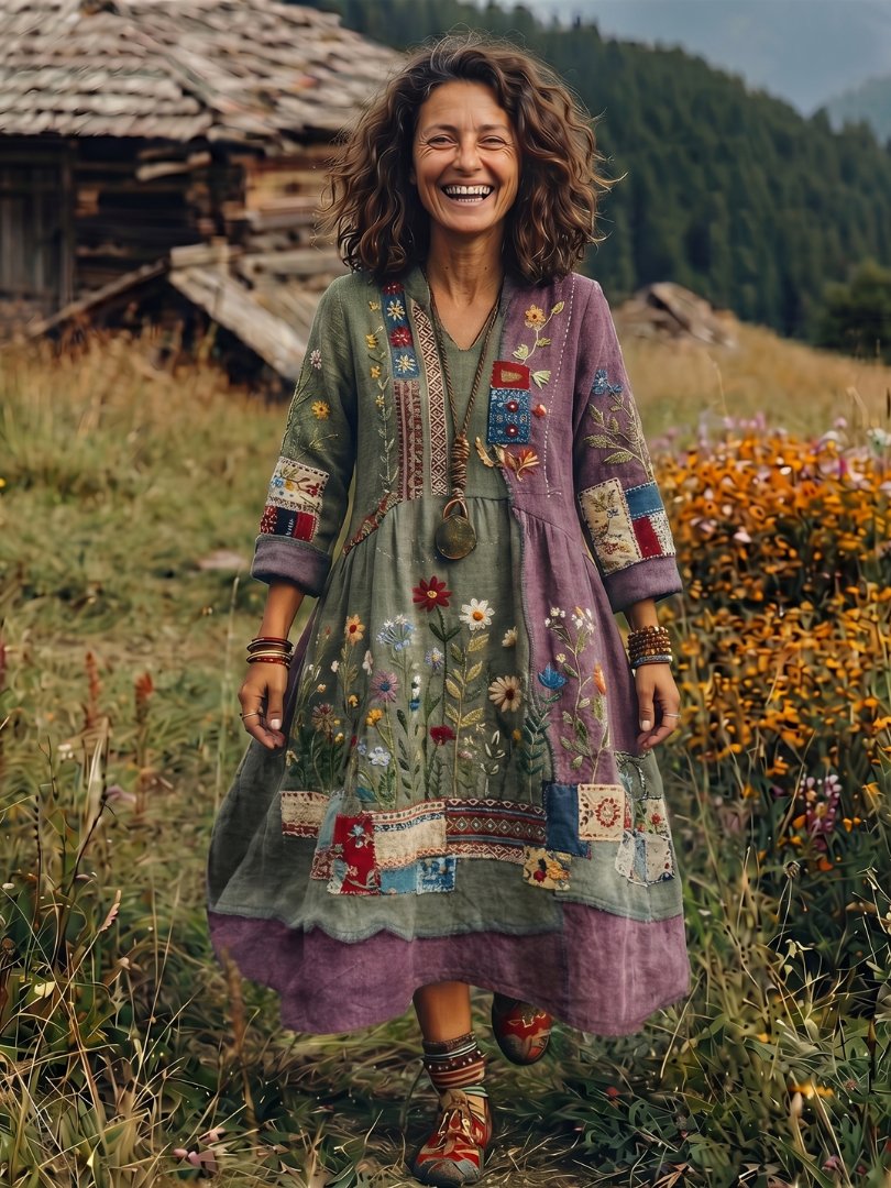 Women's Long Sleeve Floral Midi V-Neck Dress - Green