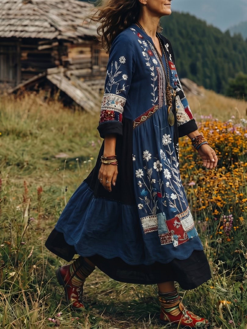 Women's Long Sleeve Floral Midi V-Neck Dress