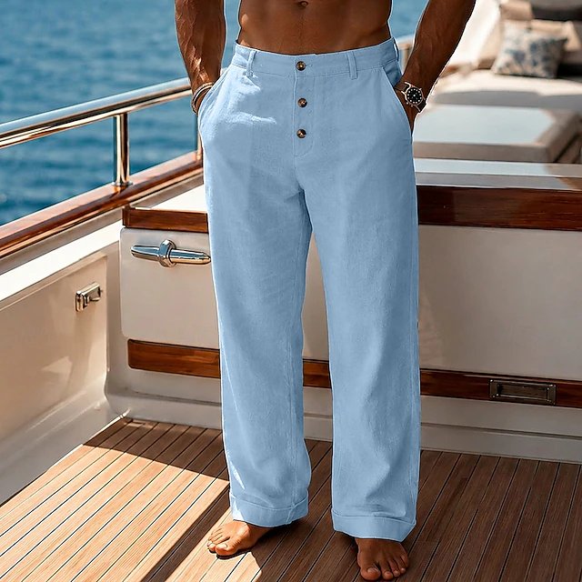 Men's Straight-Leg Linen Trousers - Blue