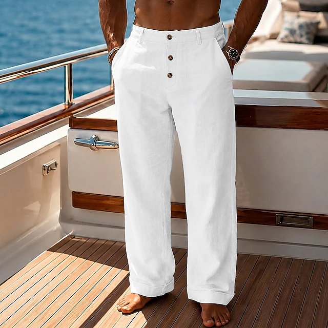Men's Straight-Leg Linen Trousers - White