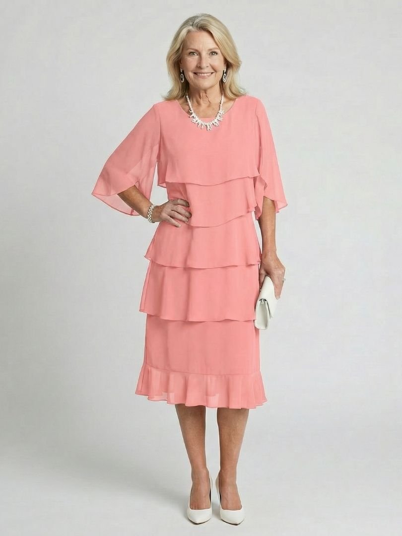 Women's Black Chiffon Tiered Midi Dress - Pink