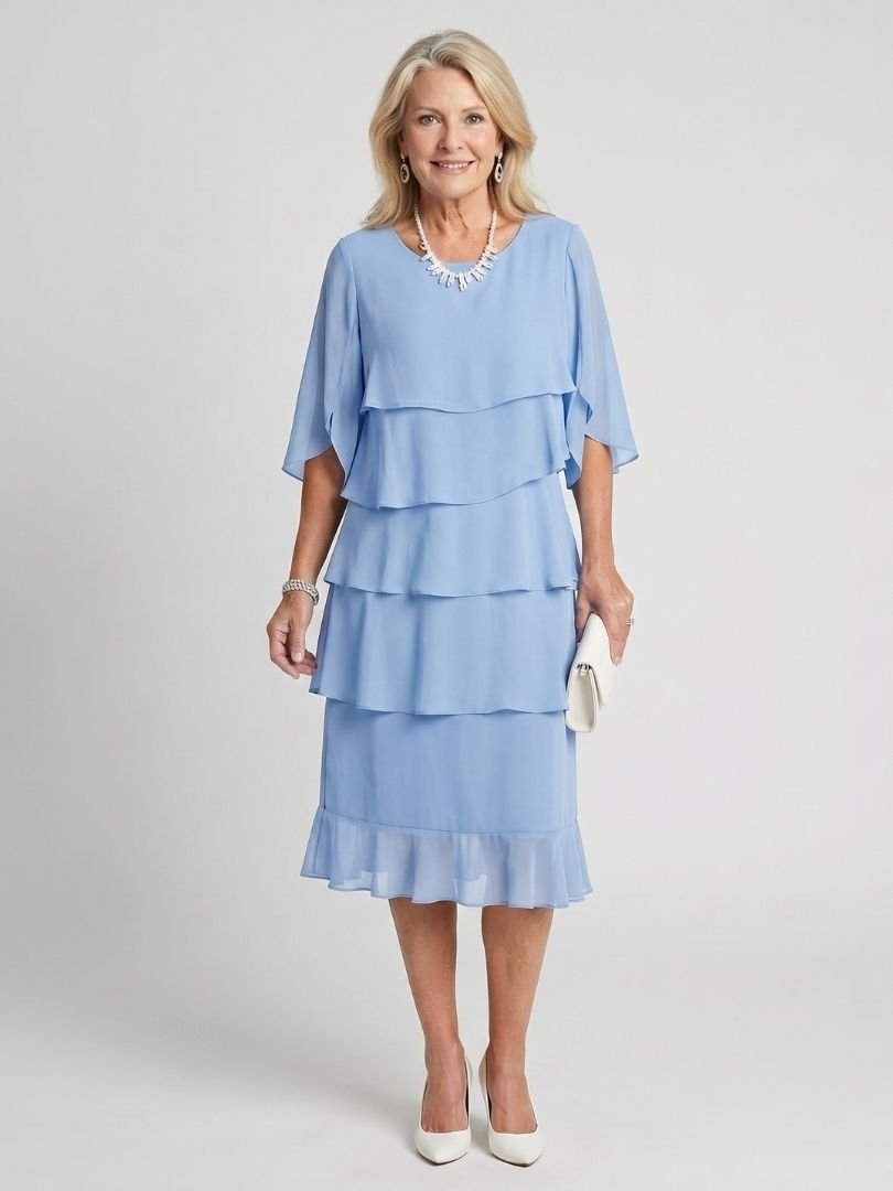 Women's Black Chiffon Tiered Midi Dress - Sky blue