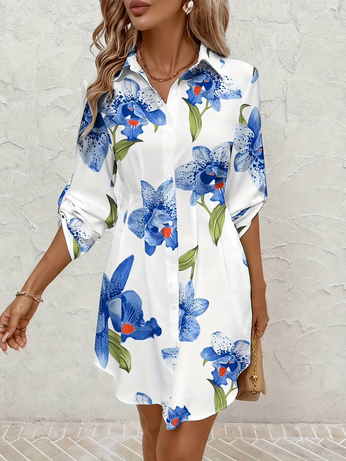 Women's Floral Satin Shirt Dress