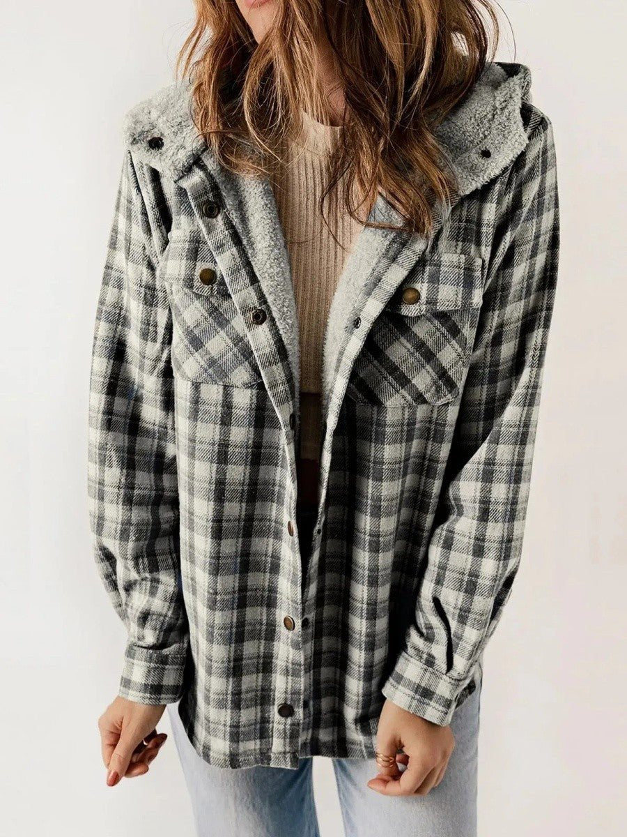 Women's Oversized Plaid Shirt Jacket - Dark Grey