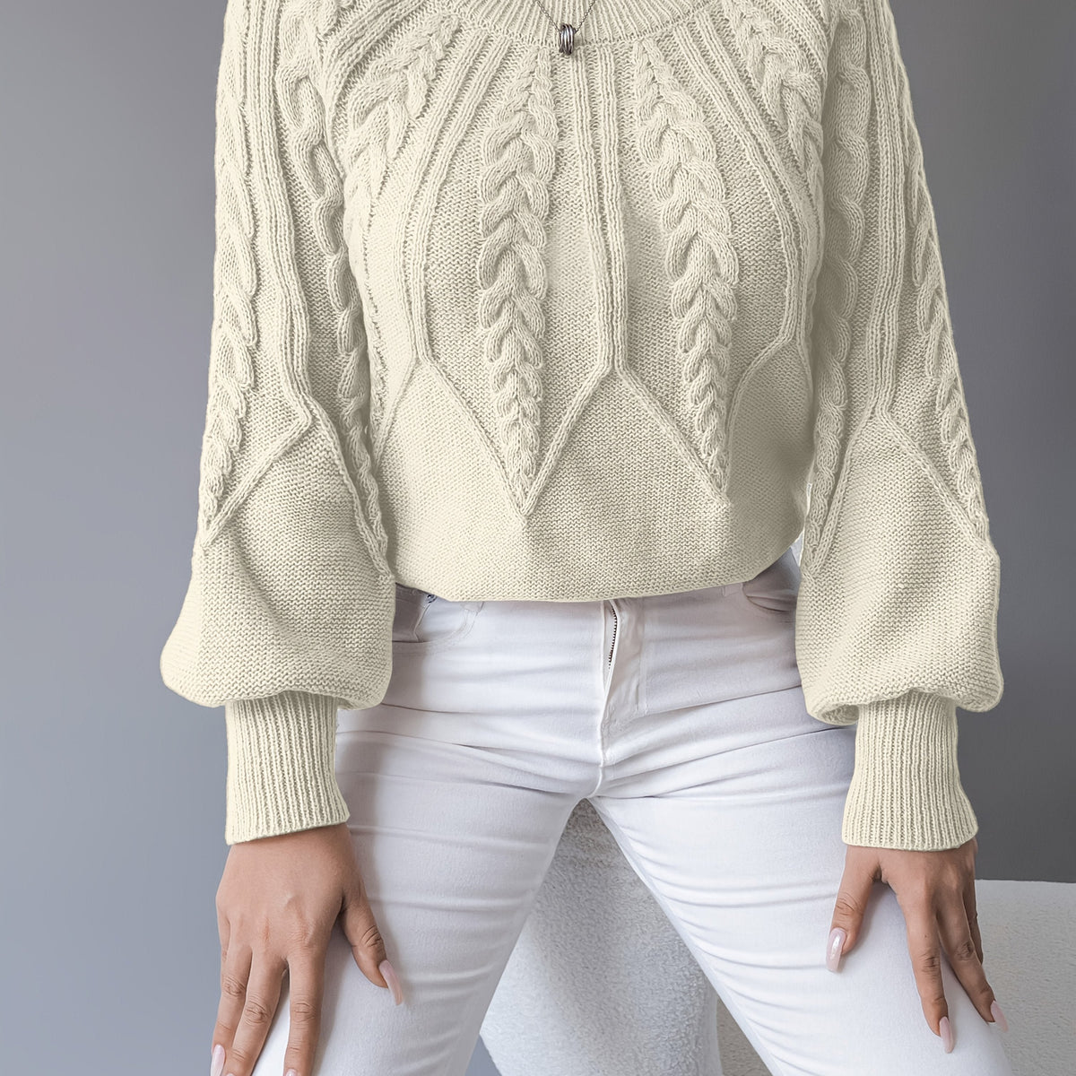 Women's Cropped Cable-Knit Wool Jumper - Apricot