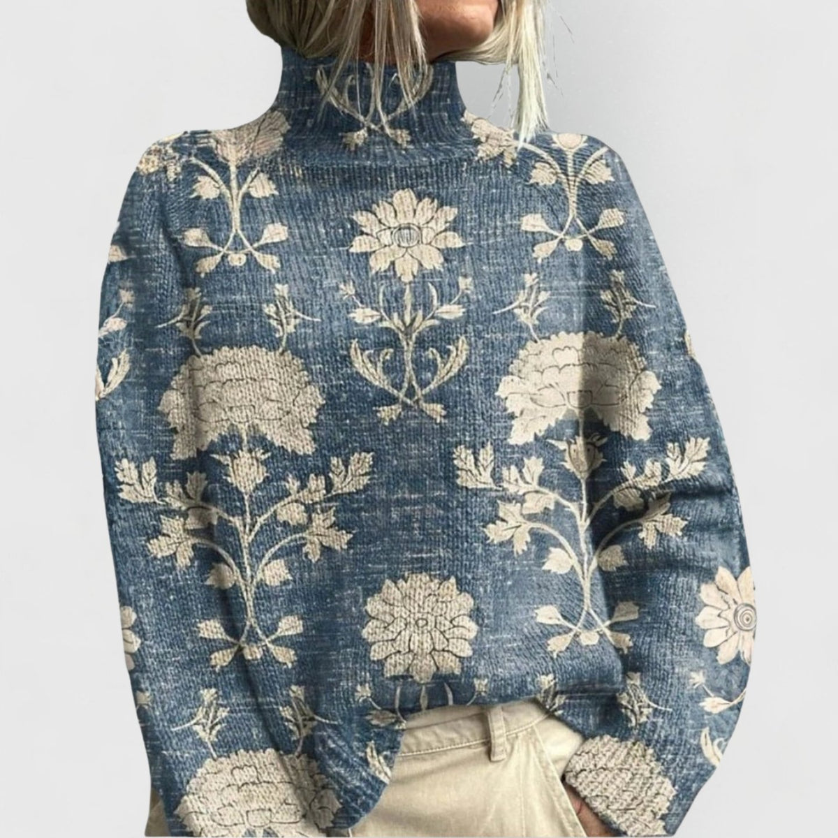 Women's Oversized Floral Knit Roll Neck Jumper - Light Blue