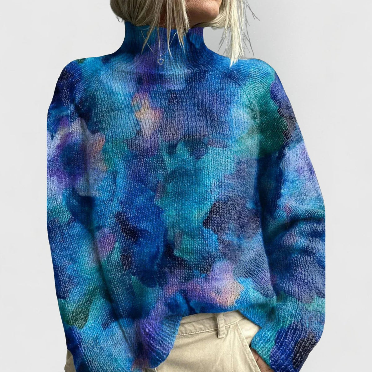 Women's Oversized Floral Knit Roll Neck Jumper - Blue