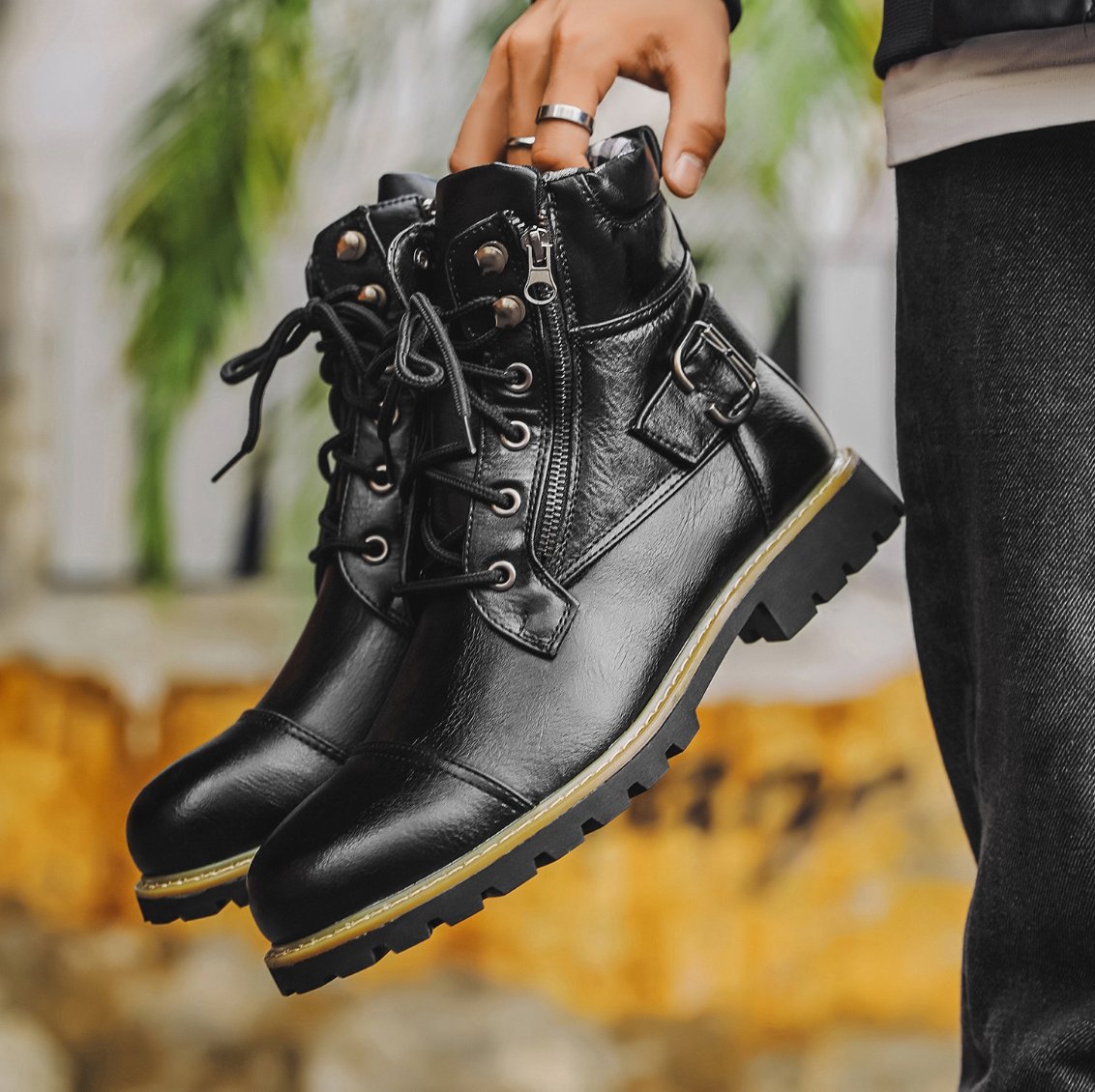 Men's Faux Leather Combat Boots - Black