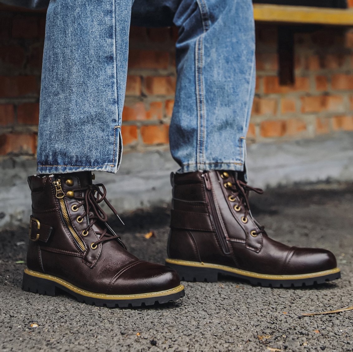 Men's Faux Leather Combat Boots - Dark Brown