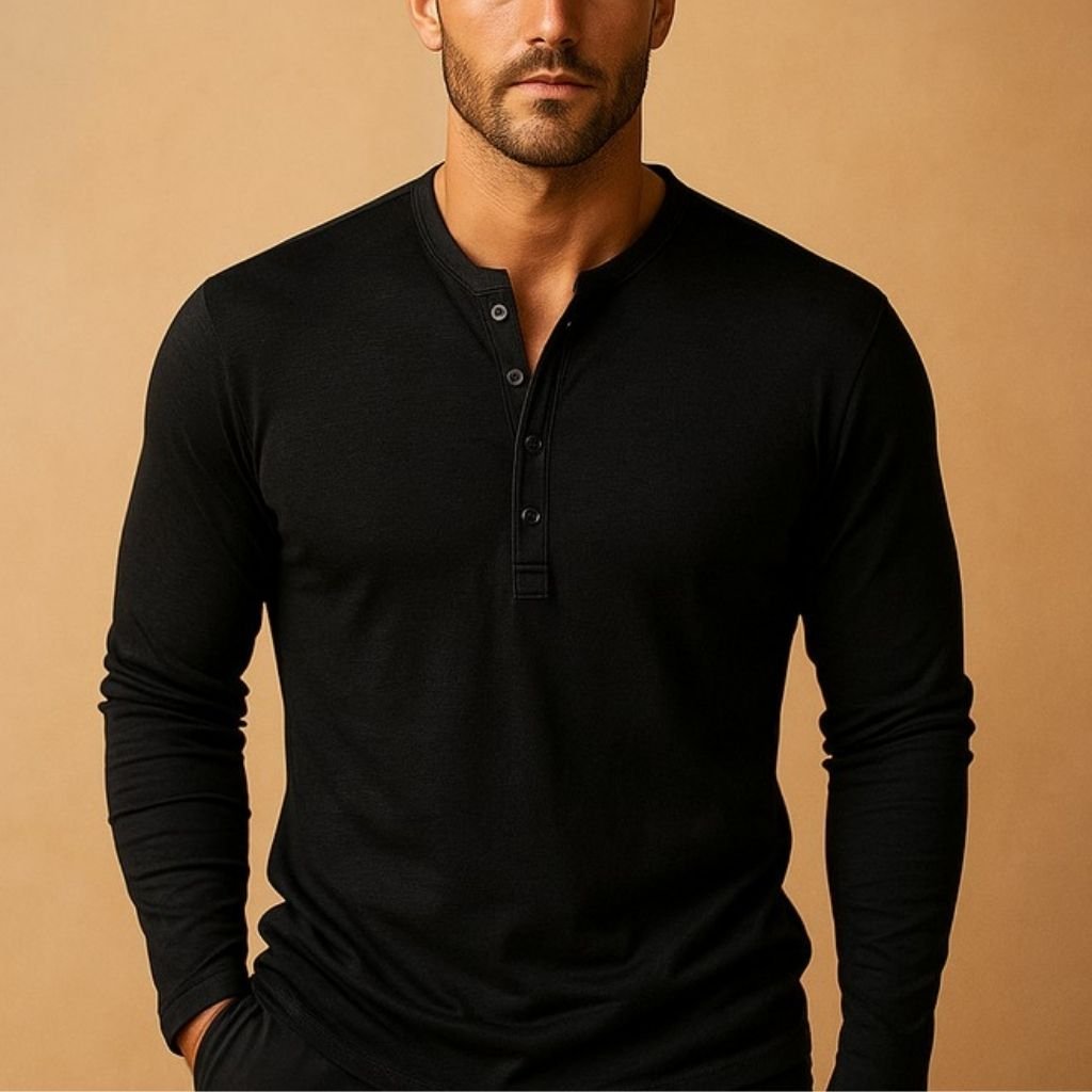 Men's Long Sleeve Slim Henley - Black