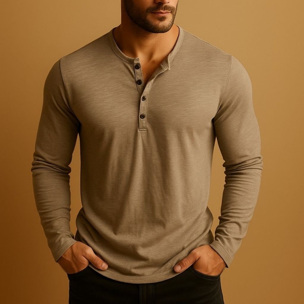 Men's Long Sleeve Slim Henley - Brown