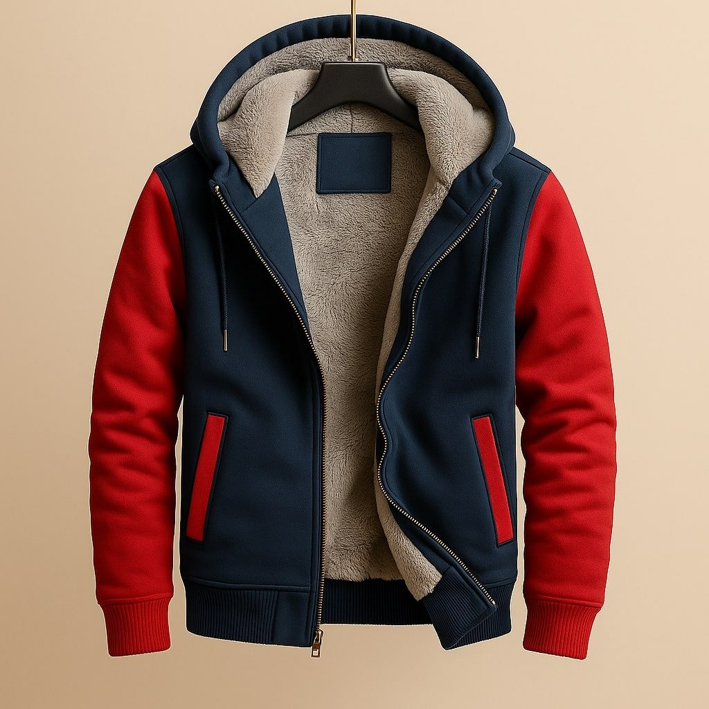 Men's Sherpa-Lined Hooded Varsity Jacket - Red/Blue
