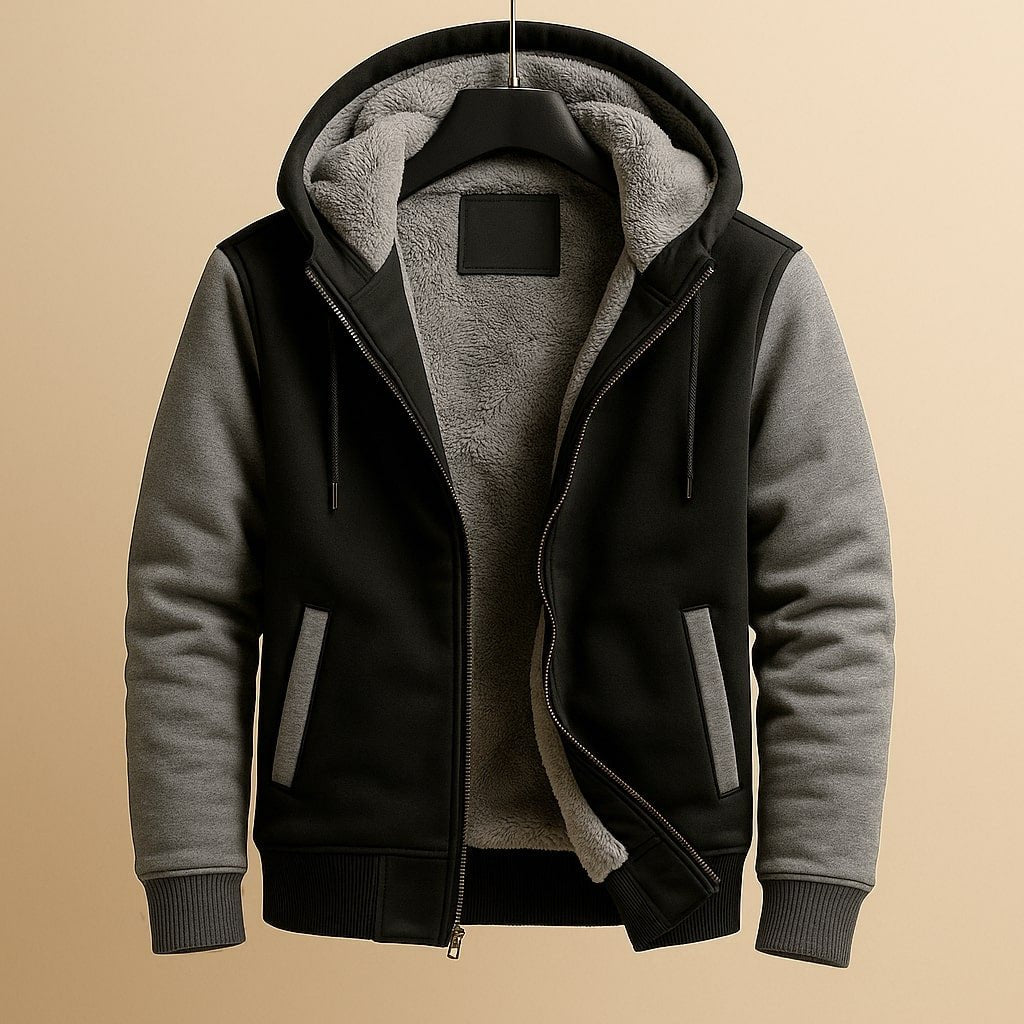 Men's Sherpa-Lined Hooded Varsity Jacket - Black/Grey