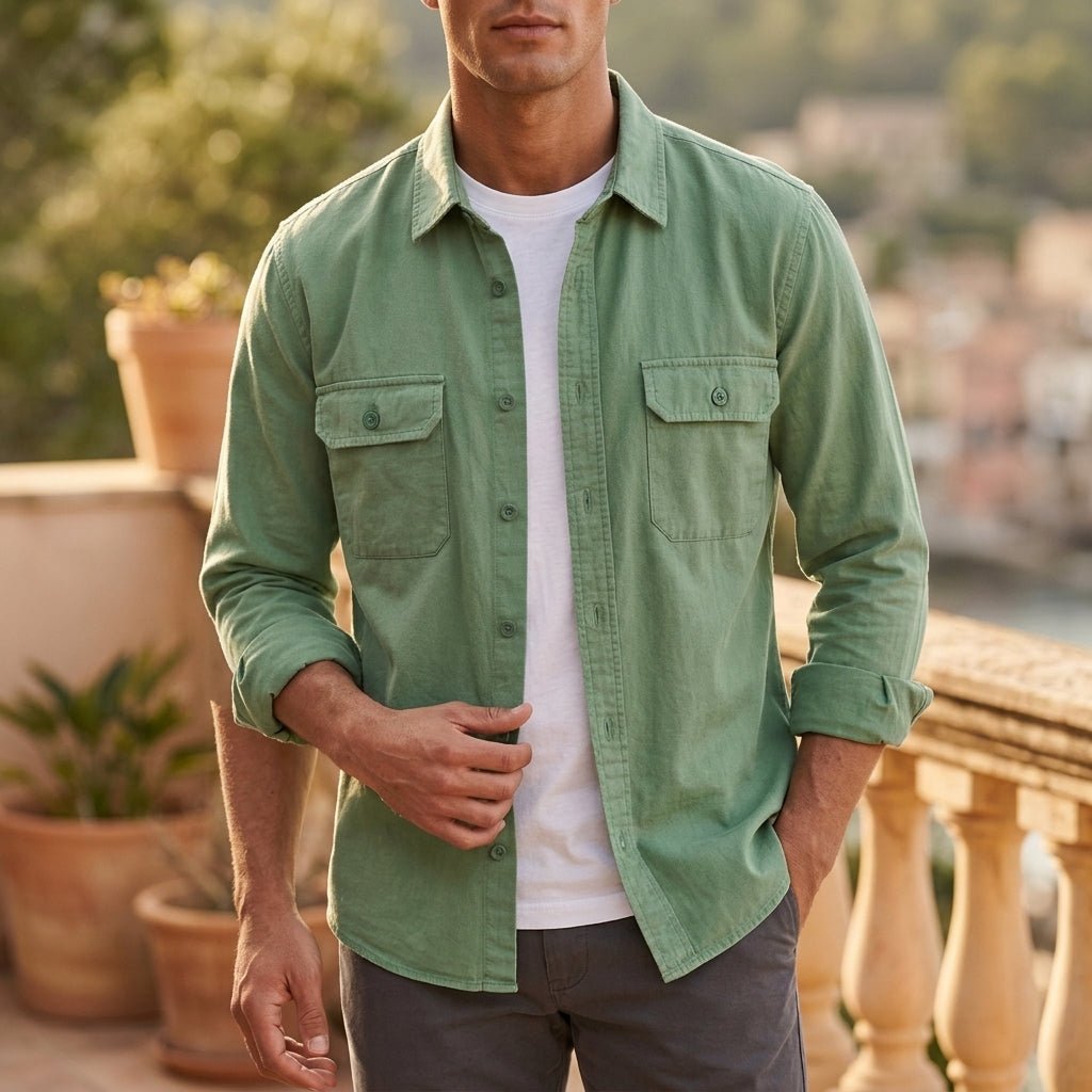 Men's Garment-Dyed Cotton Twill Overshirt - Green
