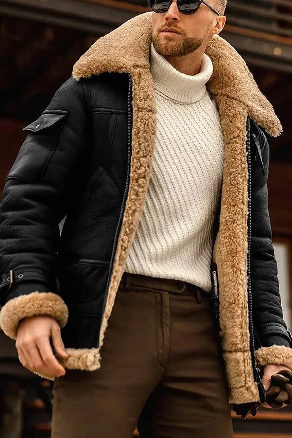Men's Shearling Aviator Jacket - Black