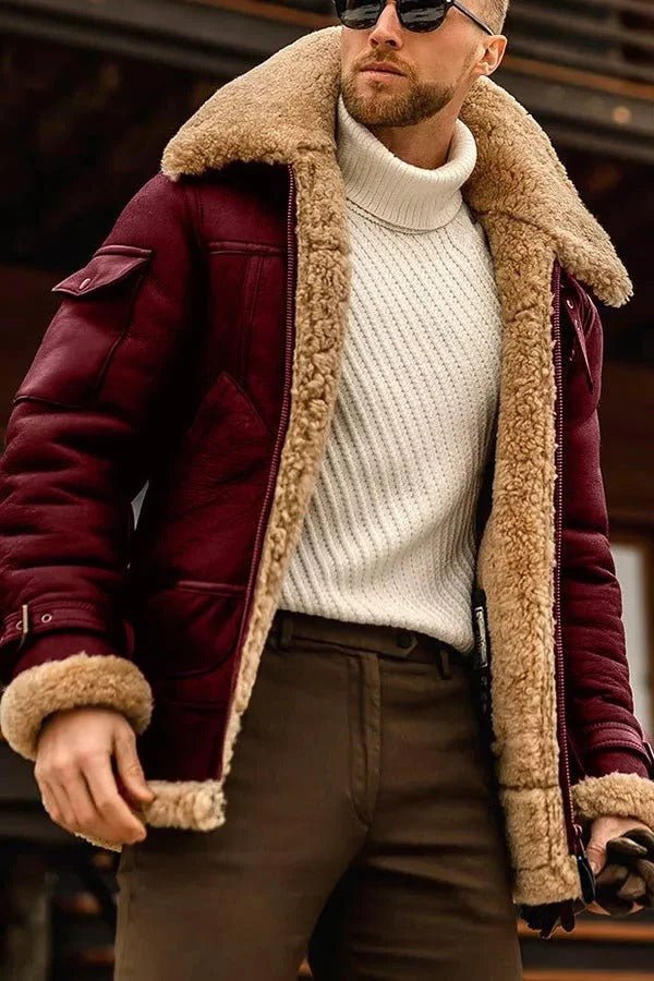 Men's Shearling Aviator Jacket - Red