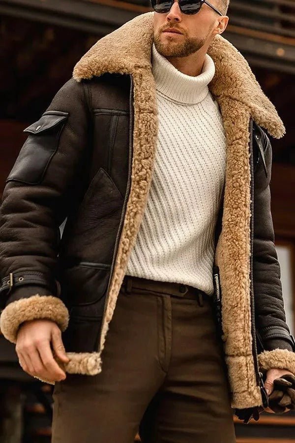 Men's Shearling Aviator Jacket - Coffee