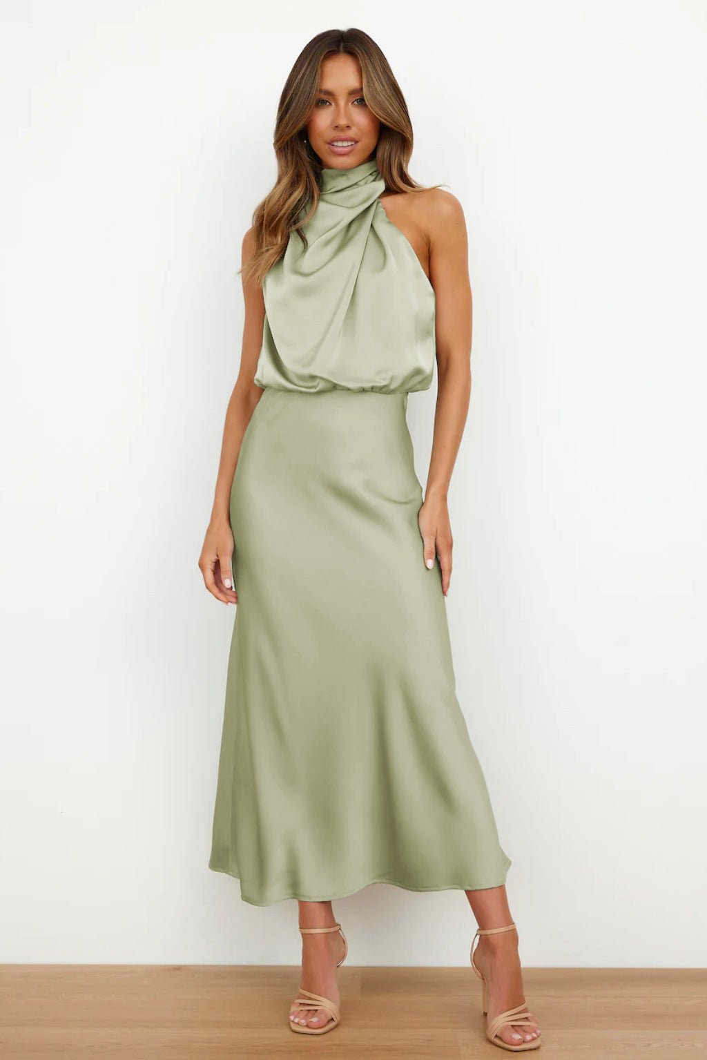 Women's Halter Satin Midi Dress - Light Green