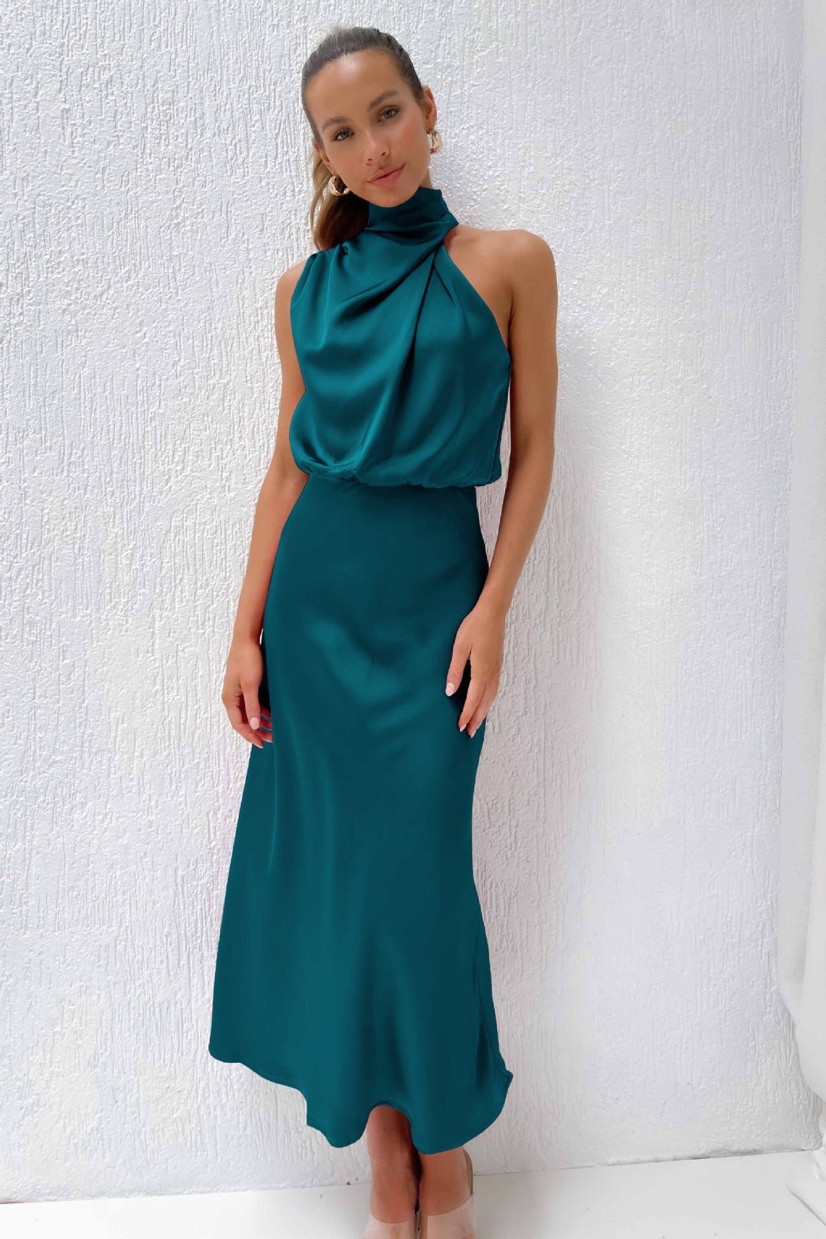 Women's Halter Satin Midi Dress - Turquoise