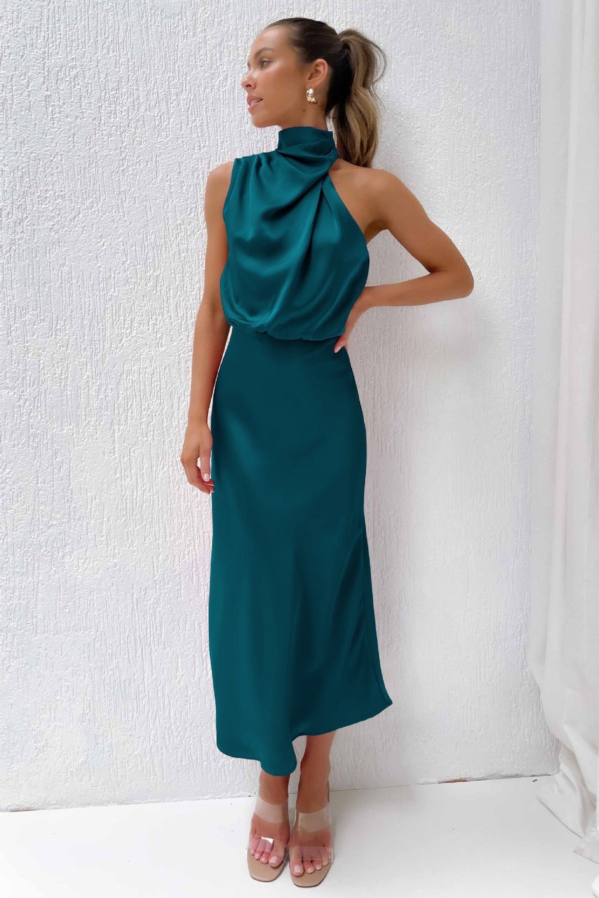 Women's Halter Satin Midi Dress