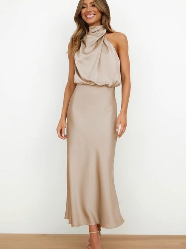 Women's Halter Satin Midi Dress - Beige