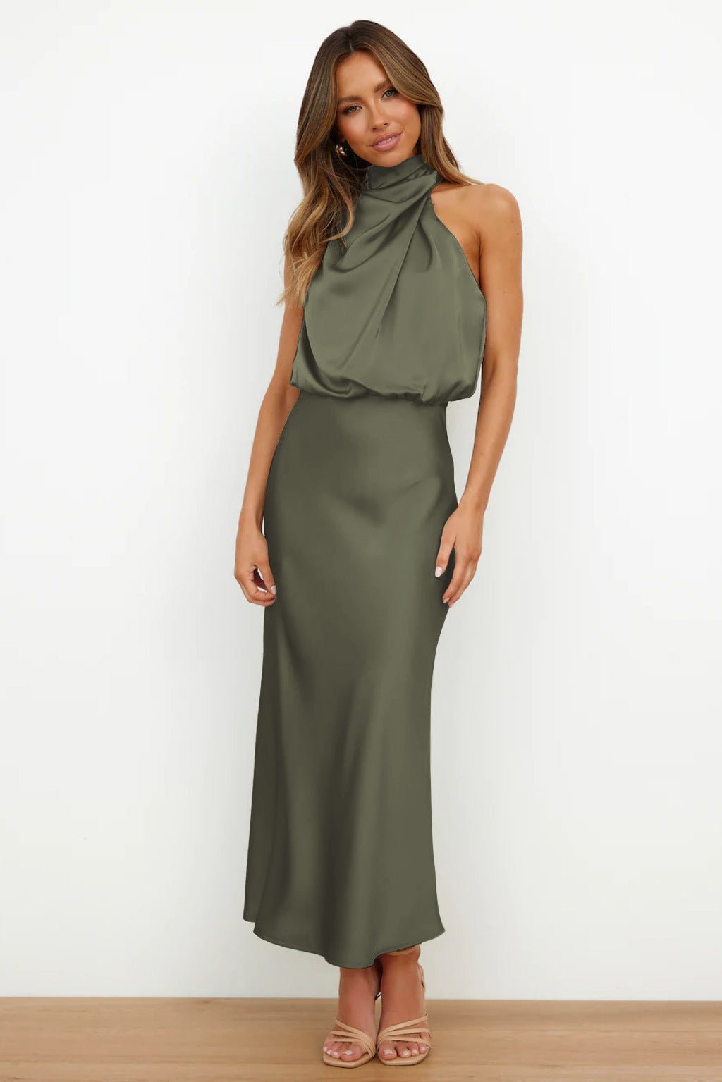 Women's Halter Satin Midi Dress - Olive Green