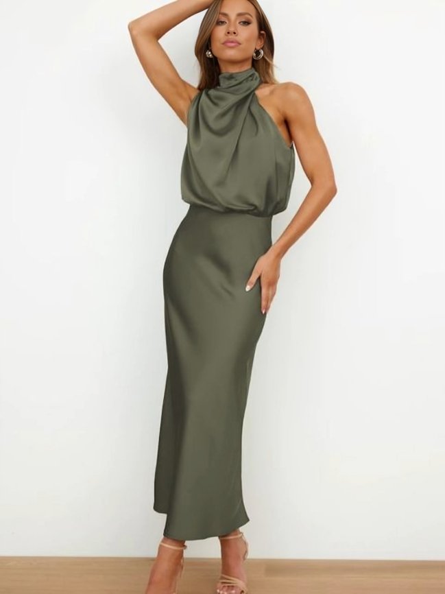 Women's Halter Satin Midi Dress