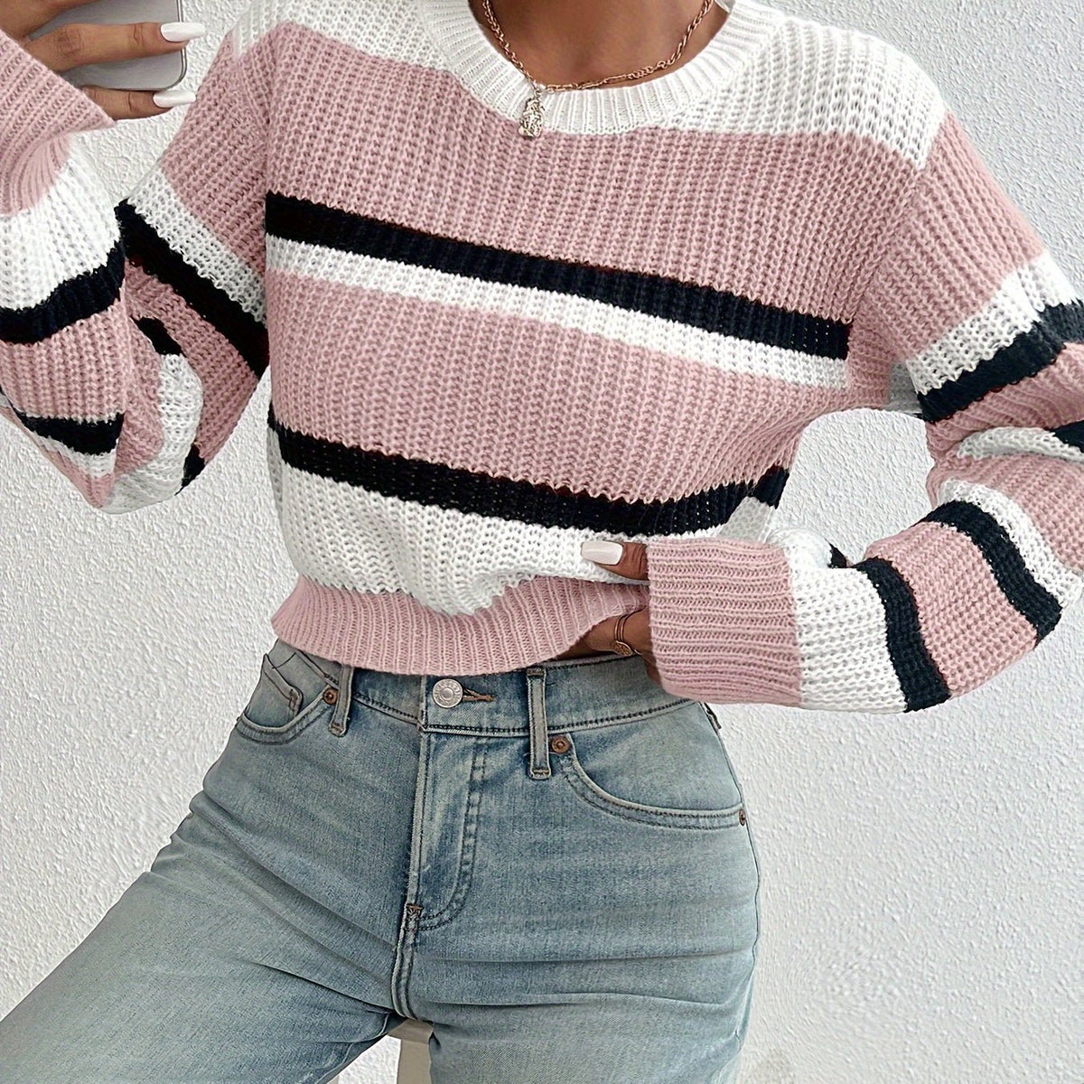 Women's Striped Cropped Jumper - Pink
