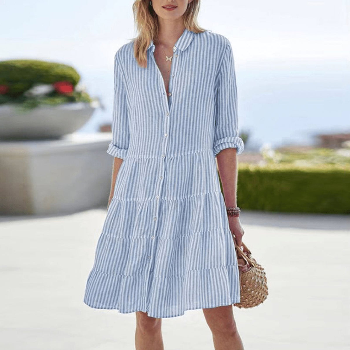 Women's Long Sleeve Striped Vacation Shirt Dress - Blue