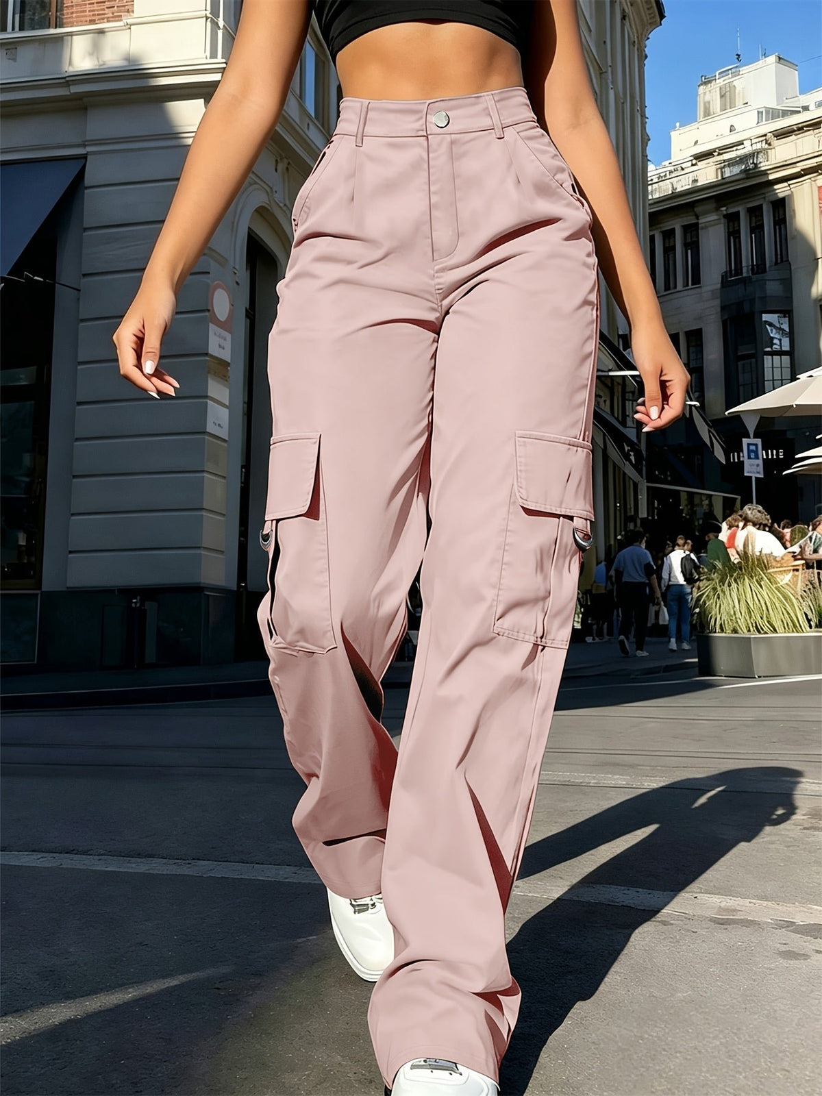 Women's High-Waisted Wide-Leg Cargo Trousers - Pink