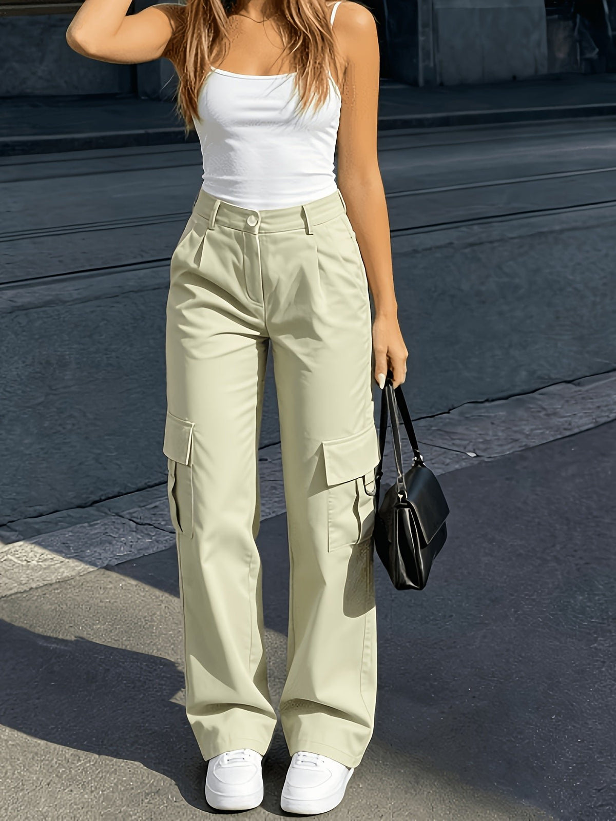 Women's High-Waisted Wide-Leg Cargo Trousers - Cream