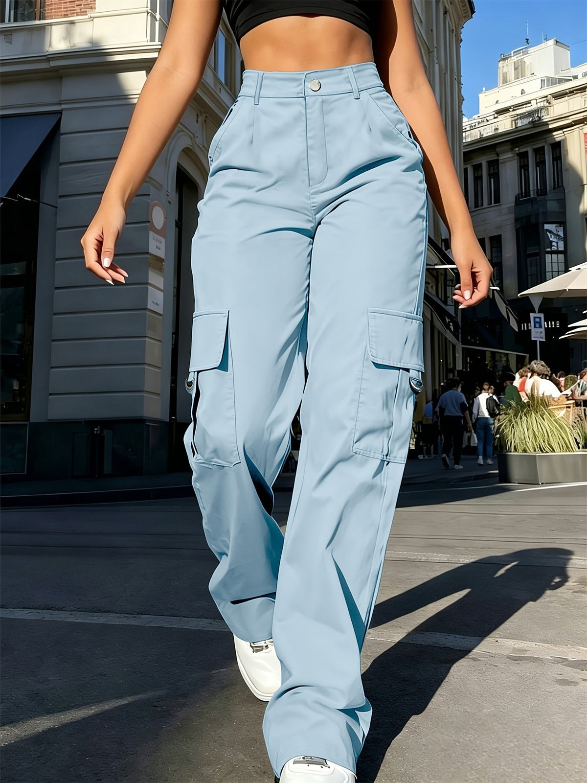 Women's High-Waisted Wide-Leg Cargo Trousers - Light Blue