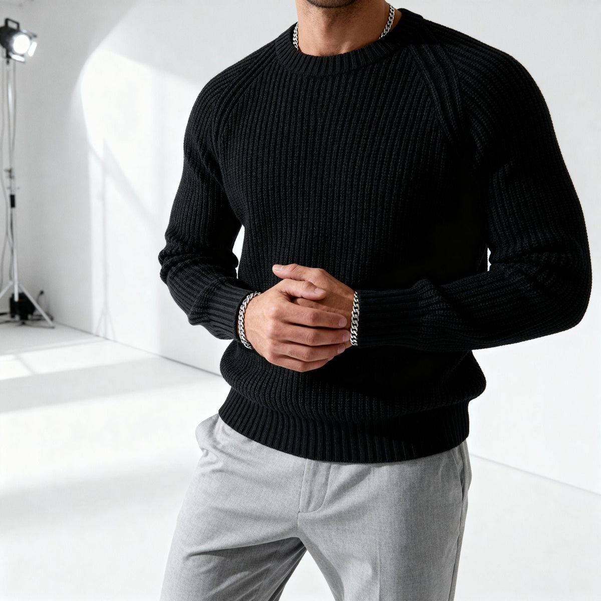 Men's Chunky Ribbed Crewneck Jumper - Black