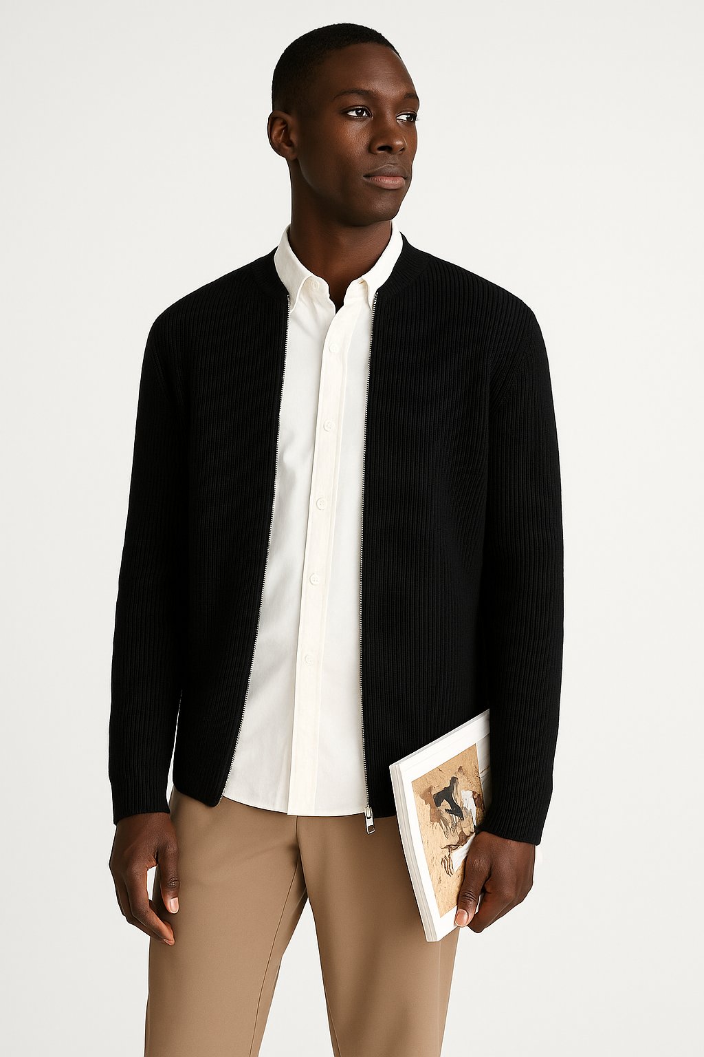 Men's Ribbed-Knit Zip-Up Cardigan - Black