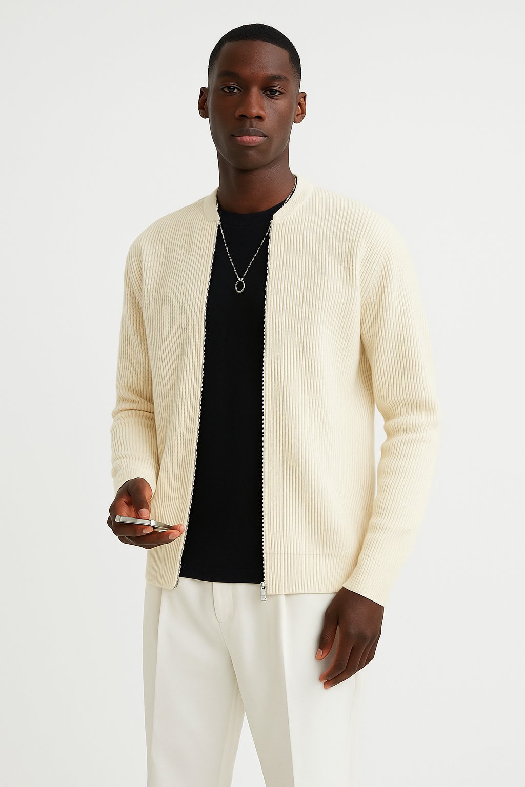 Men's Ribbed-Knit Zip-Up Cardigan - Beige