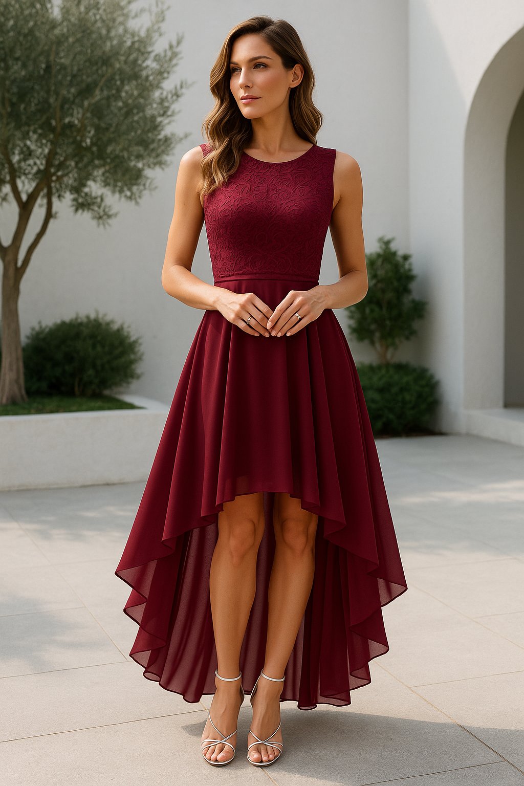 Women's Lace Cocktail Dress - Deep Red