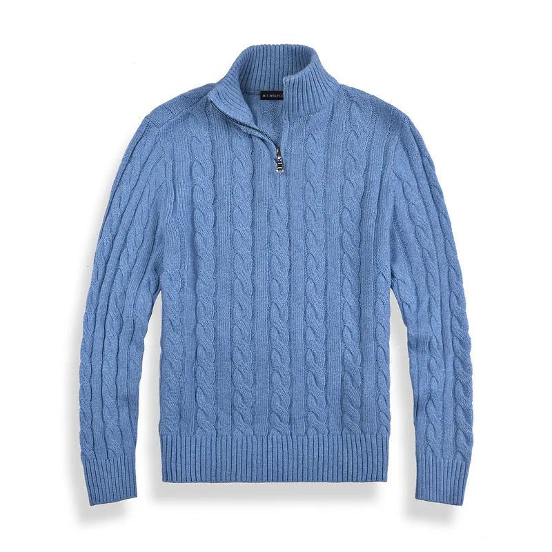 Men's Quarter-Zip Cable Knit Jumper - Light Blue