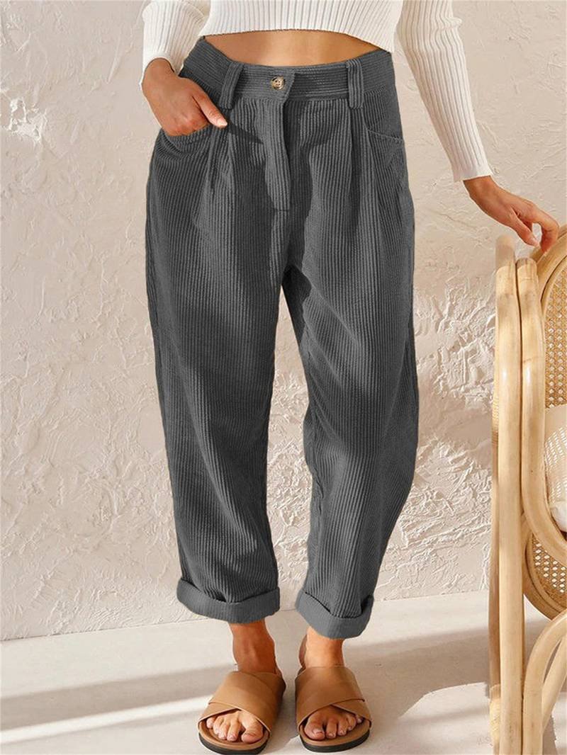 Women's High-Waisted Corduroy Trousers - Gray
