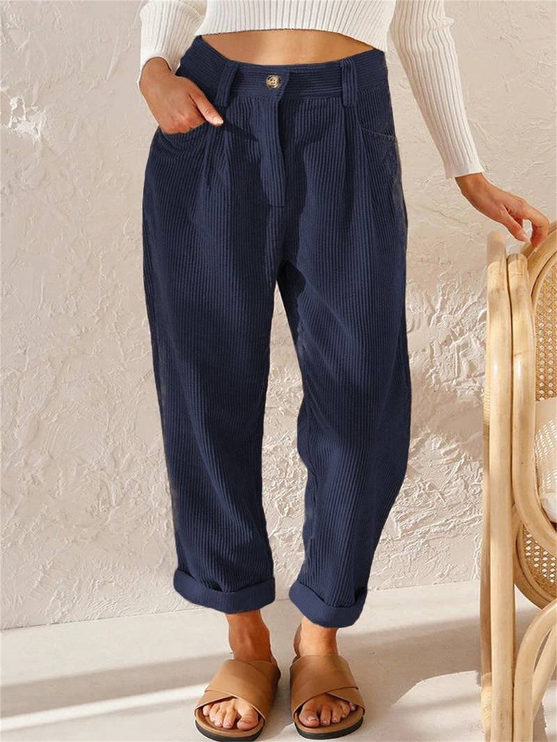 Women's High-Waisted Corduroy Trousers - Navy