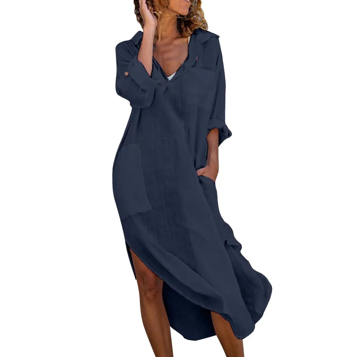 Women's Long Sleeve Oversized Beach Shirt Dress - Navy Blue
