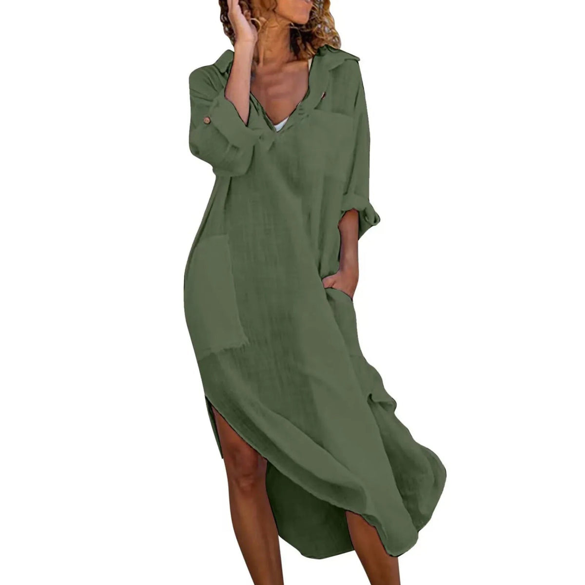 Women's Long Sleeve Oversized Beach Shirt Dress - Green