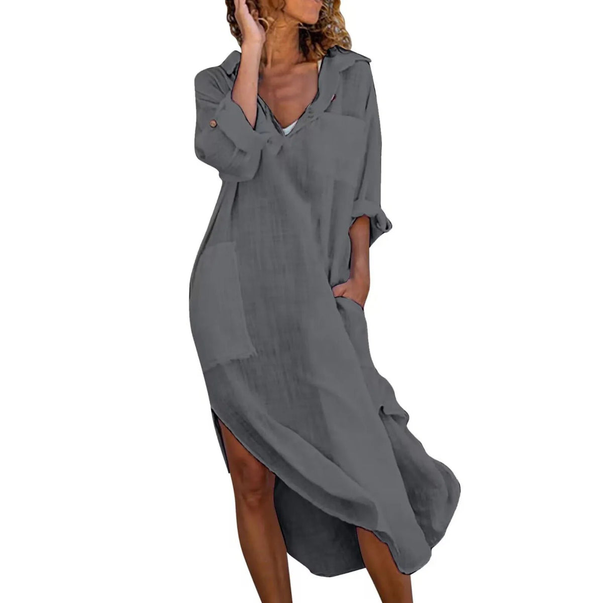 Women's Long Sleeve Oversized Beach Shirt Dress - Dark Gray