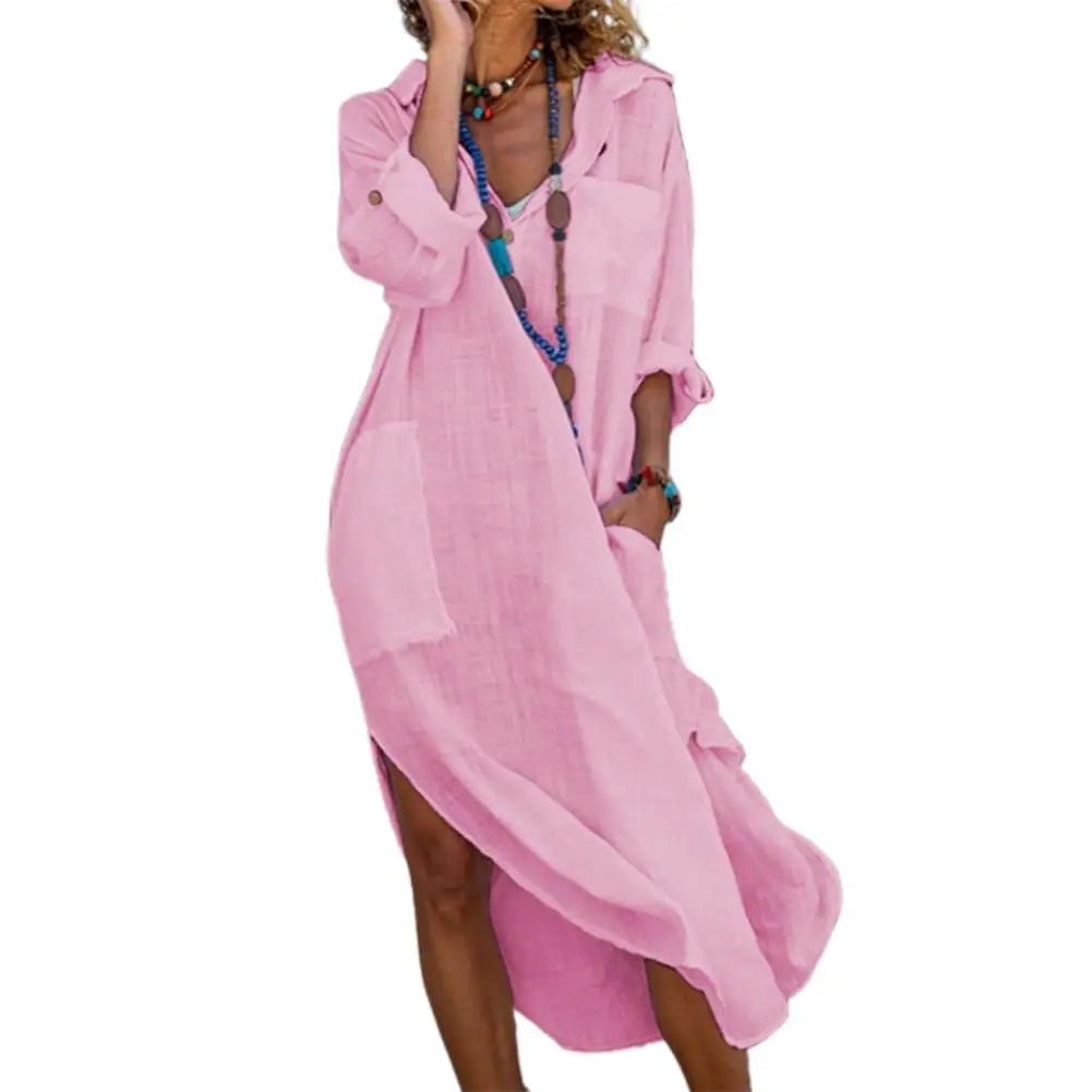 Women's Long Sleeve Oversized Beach Shirt Dress - Pink