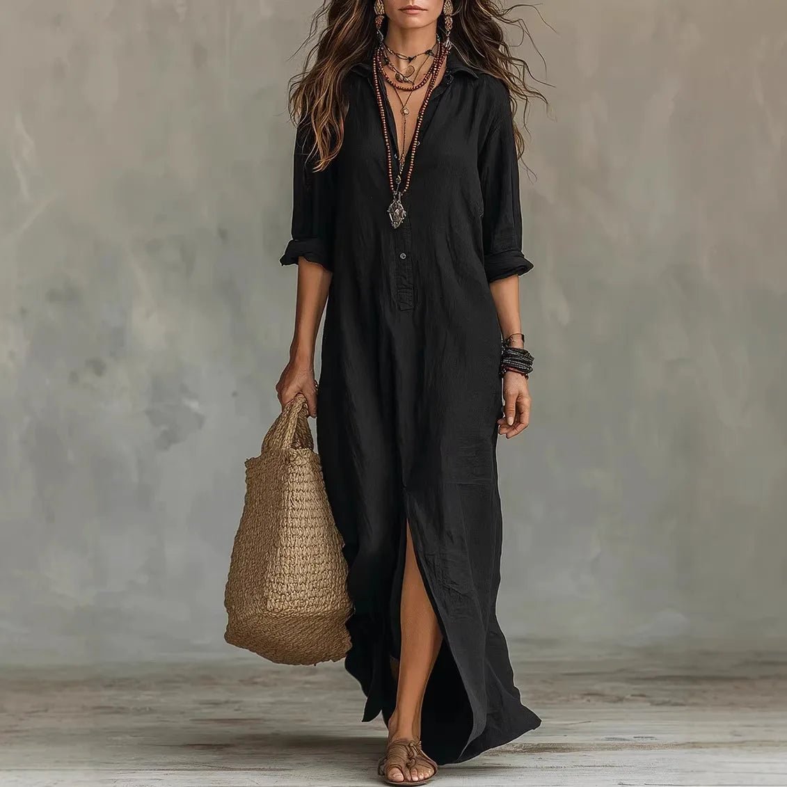 Women's Long Sleeve Maxi Shirt Dress - Black