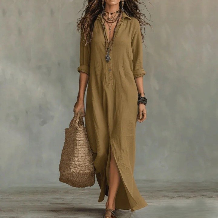 Women's Long Sleeve Maxi Shirt Dress - Khaki