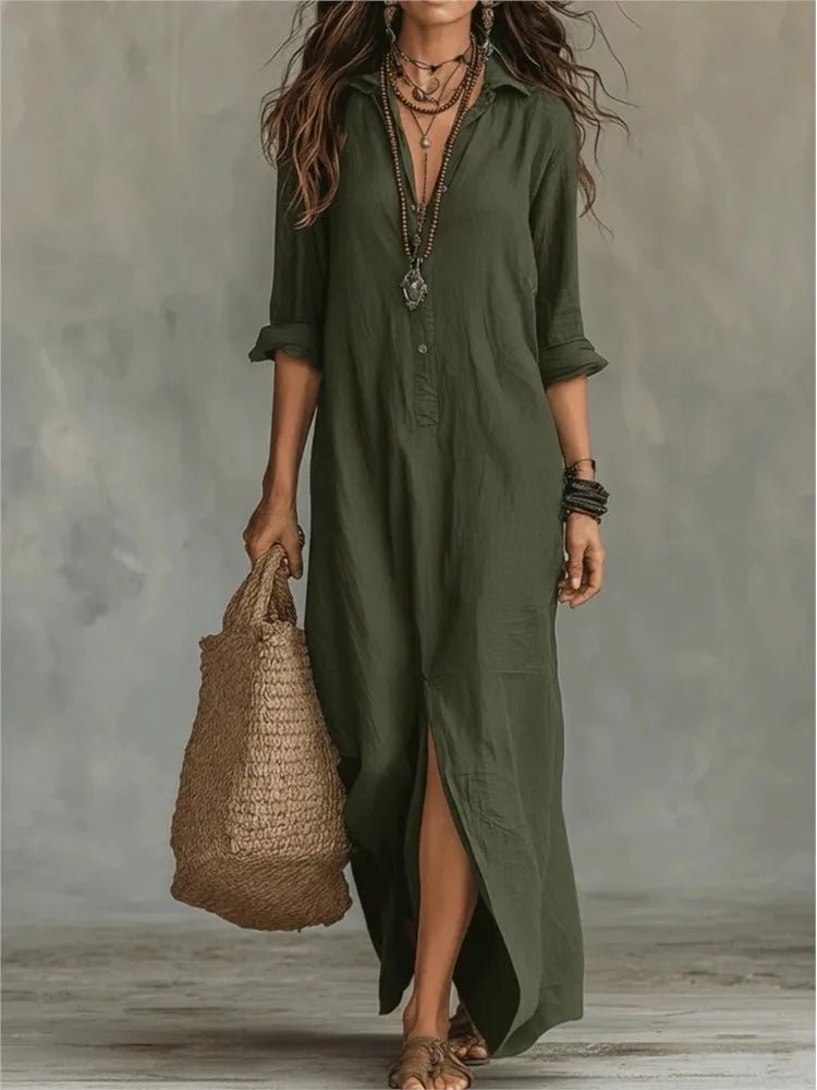 Women's Long Sleeve Maxi Shirt Dress - Army Green