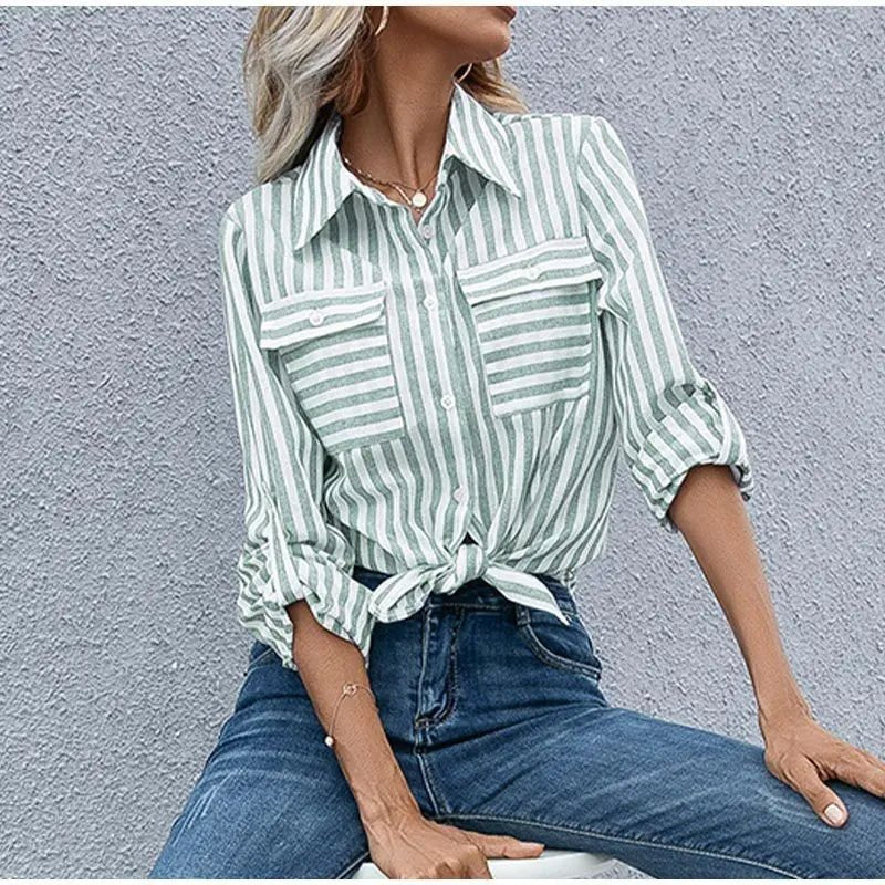 Women's Long Sleeve Striped Oversized Shirt - Green