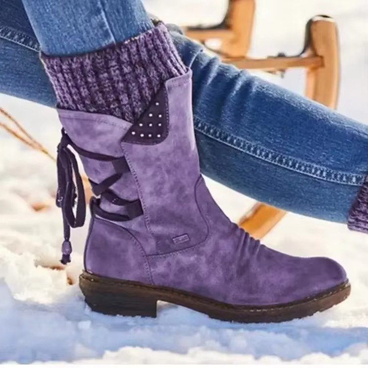 Women's Leather Mid-Calf Ankle Boots - Purple