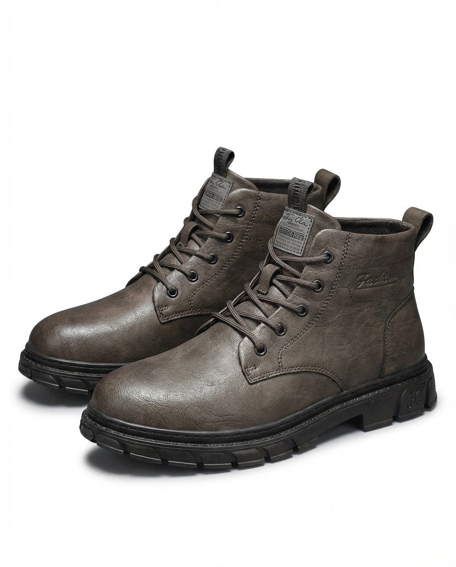 Men's Faux Leather Work Boots - Dark Brown