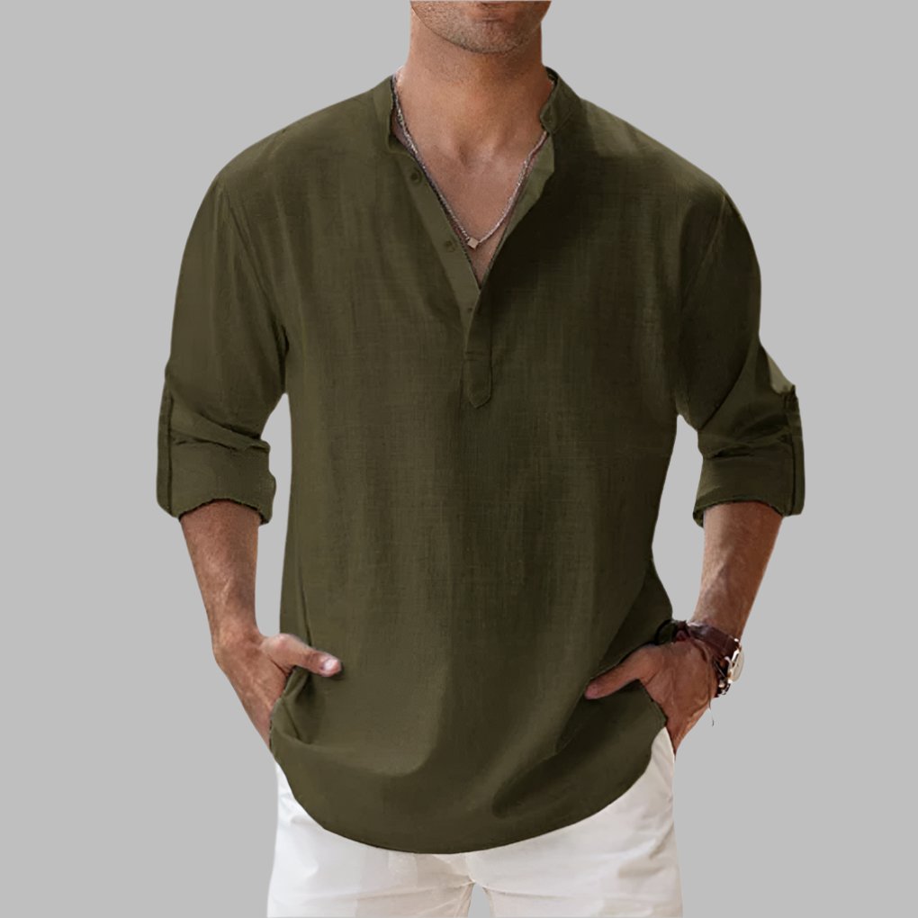 Men's Long Sleeve Henley Shirt - Dark Green